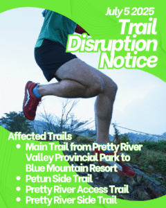 Hikers are advised that the Summit 700 Trail Running Event is taking place at Blue Mountain Resort, Saturday July 5, 2025, 6 am to 1:30 pm. There are various race distances and routes, utilizing some of the main Bruce Trail in and around the Blue Mountain Resort, Osler Bluff, and Pretty River Provincial Park areas. Parking in this area could be limited due to this event